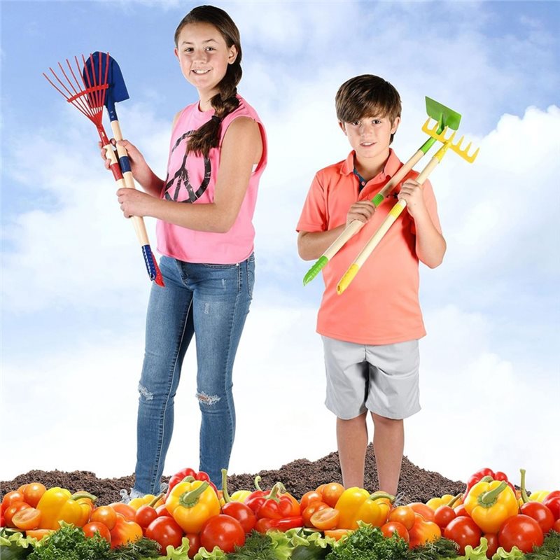 Gardening Tools Best - B05C-Gartenwerkzeug-Set für Kinder 4-teilig-Holz-Blätterrechen, Hacke, Rechen,